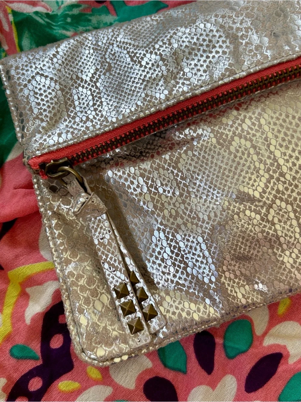 American Eagle Metallic Snakeskin Foldover Clutch Magnetic Snap Close Coral Zip